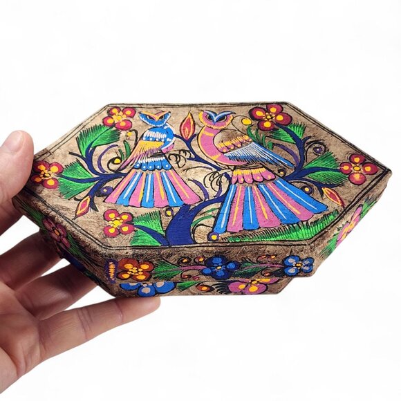 Vintage Hand Painted Cajas Taxco Boho Trinket Box Owl Decor Mexican Folk Art 7" - Picture 3 of 9